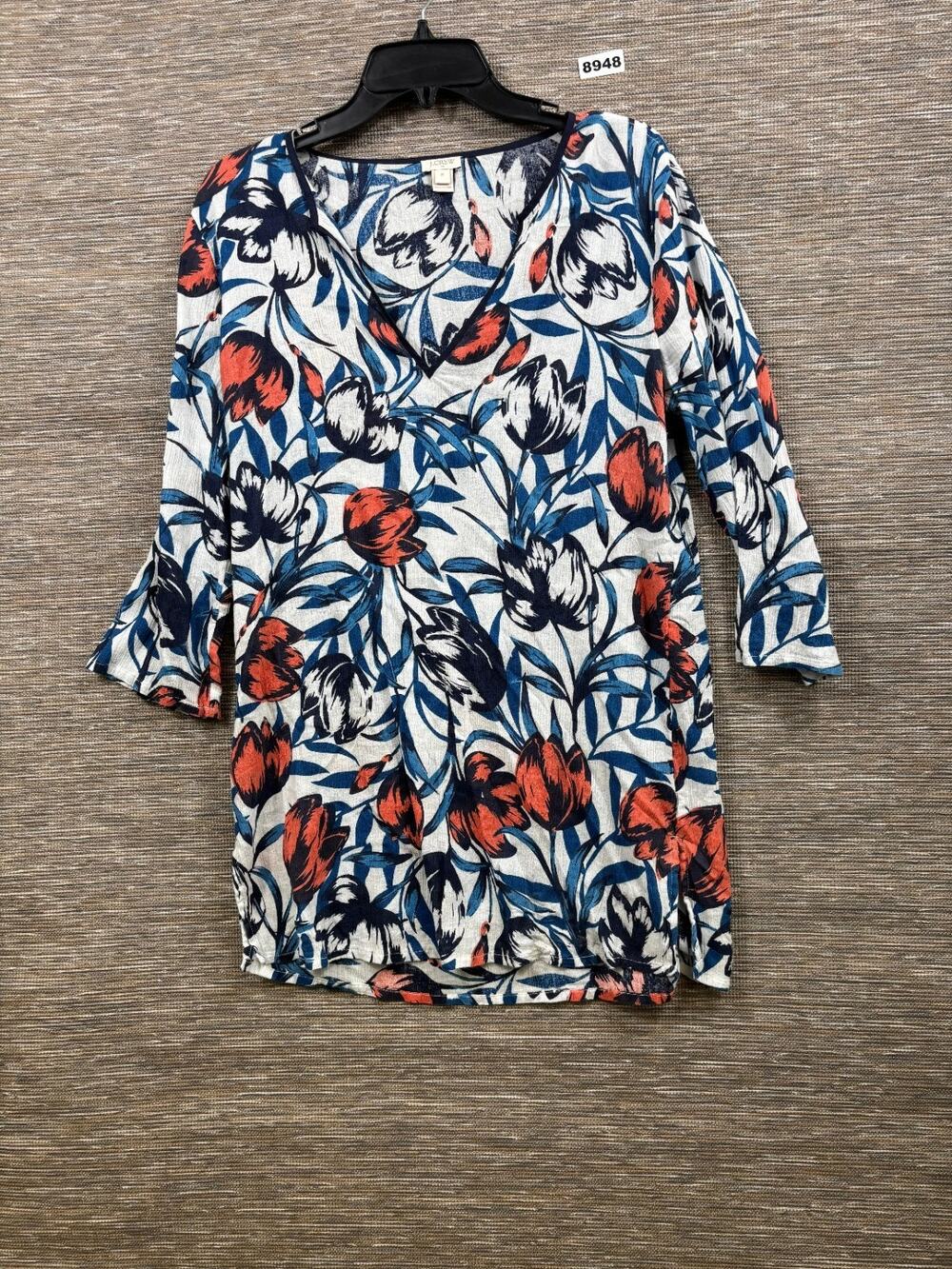 J Crew Tulip Long Sleeve Cotton Tunic Top Blouse Orange Blue Dress Size M
